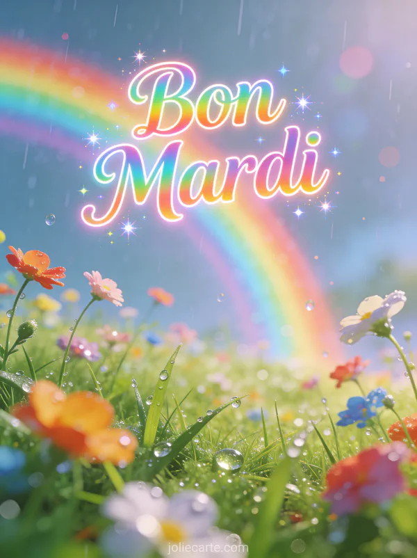 Double arc-en-ciel au-dessus de prairie fleurie avec herbe verte fraîche et gouttes de pluie scintillantes