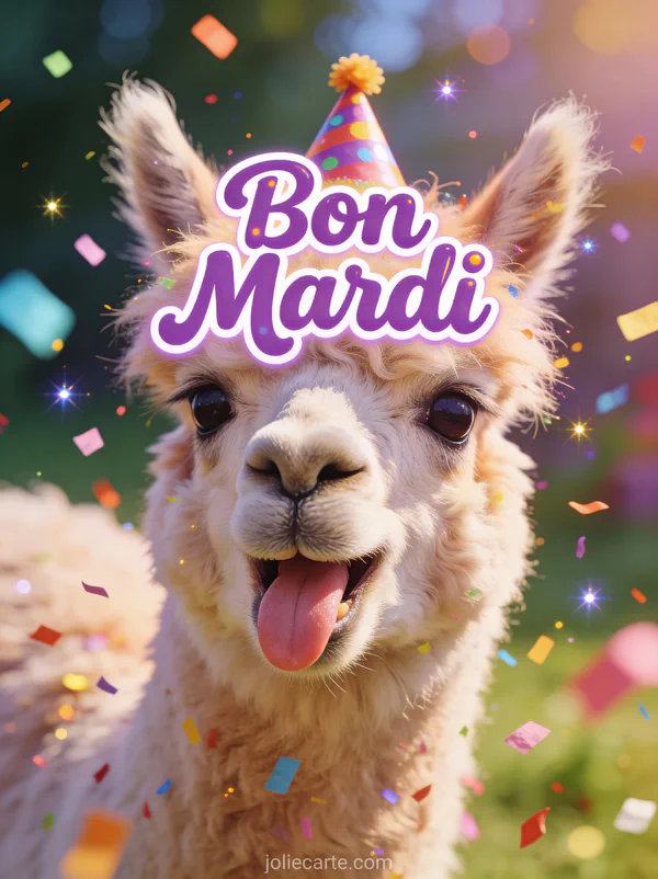 Lama blanc duveteux avec chapeau de fête tirant la langue entouré de confettis colorés expression drôle