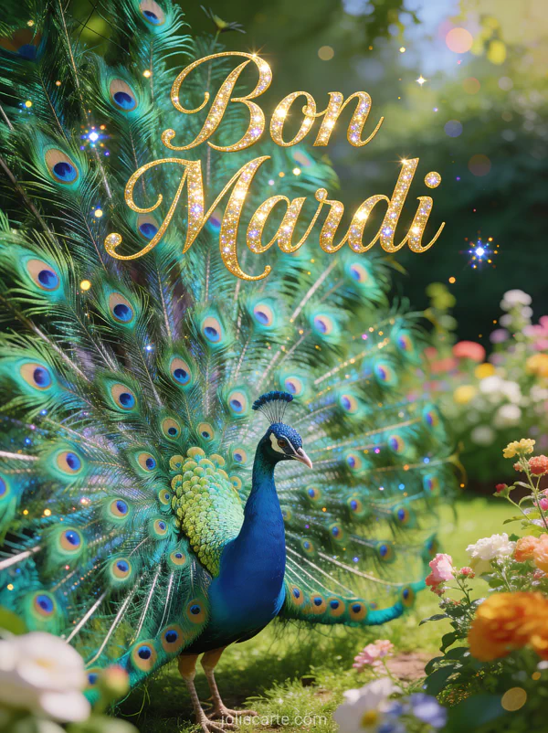 Paon majestueux avec plumes en éventail aux reflets turquoise et émeraude dans jardin élégant