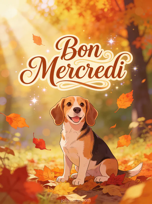 Beagle heureux assis parmi les feuilles d'automne orangées avec lumière dorée