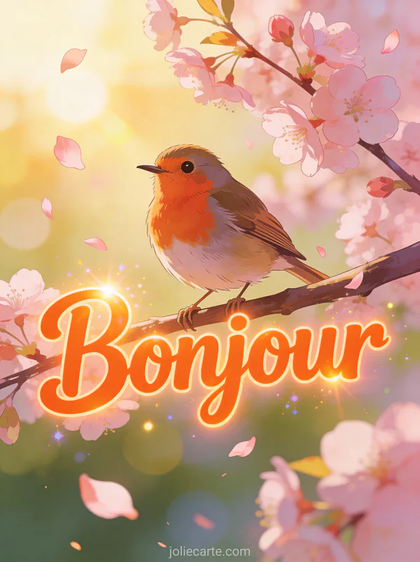 Rouge-gorge chantant sur une branche de cerisier avec pétales roses volant