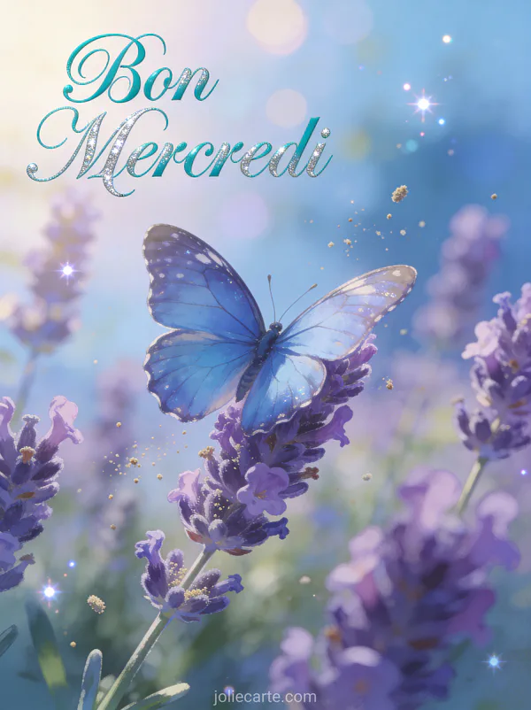 Papillon morpho bleu posé sur des fleurs de lavande violettes