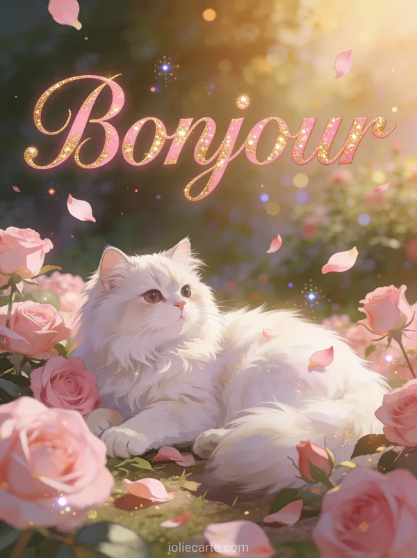 Chat persan blanc allongé parmi des roses roses avec pétales flottants