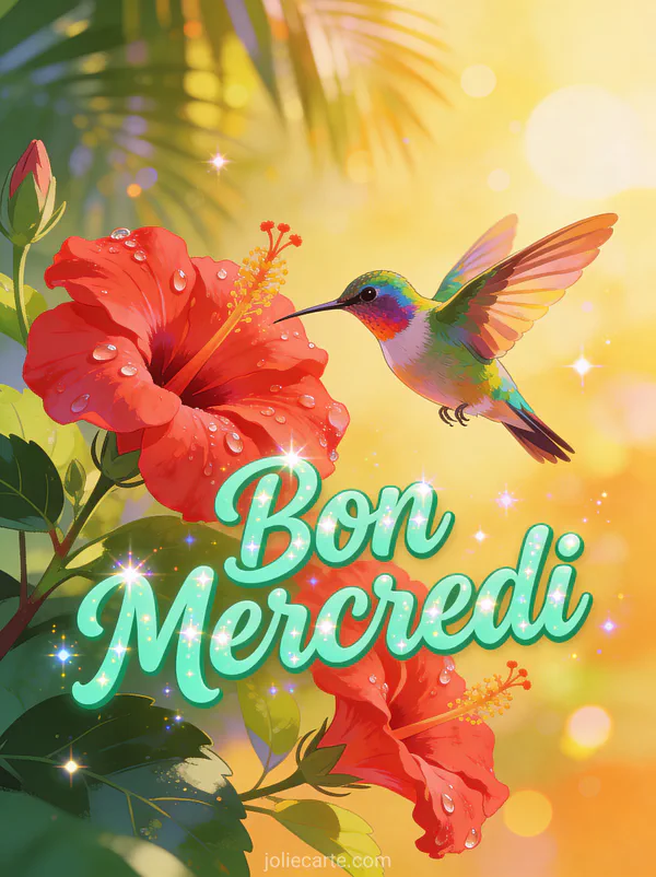 Colibri irisé volant près d'une fleur d'hibiscus rouge avec lumière dorée