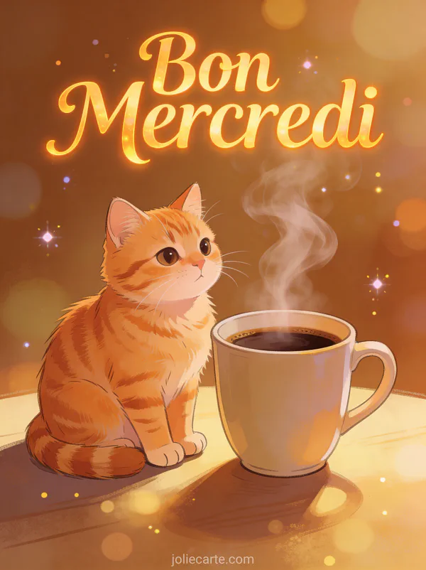 Chat tigré orange assis à côté d'une tasse de café fumante ambiance chaleureuse