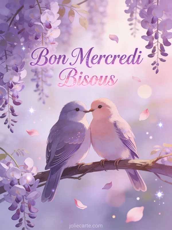 Deux inséparables colorés se câlinant sur une branche de glycine violette