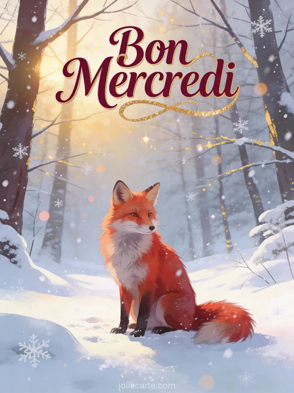 Renard roux assis dans la neige avec flocons tombant et lumière dorée