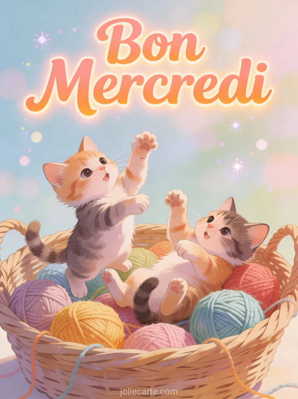 Deux chatons jouant dans un panier de pelotes de laine colorées ambiance joyeuse