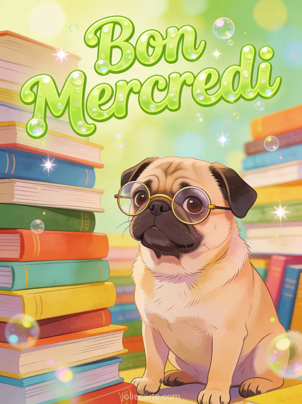 Carlin drôle portant des lunettes rondes entouré de livres colorés