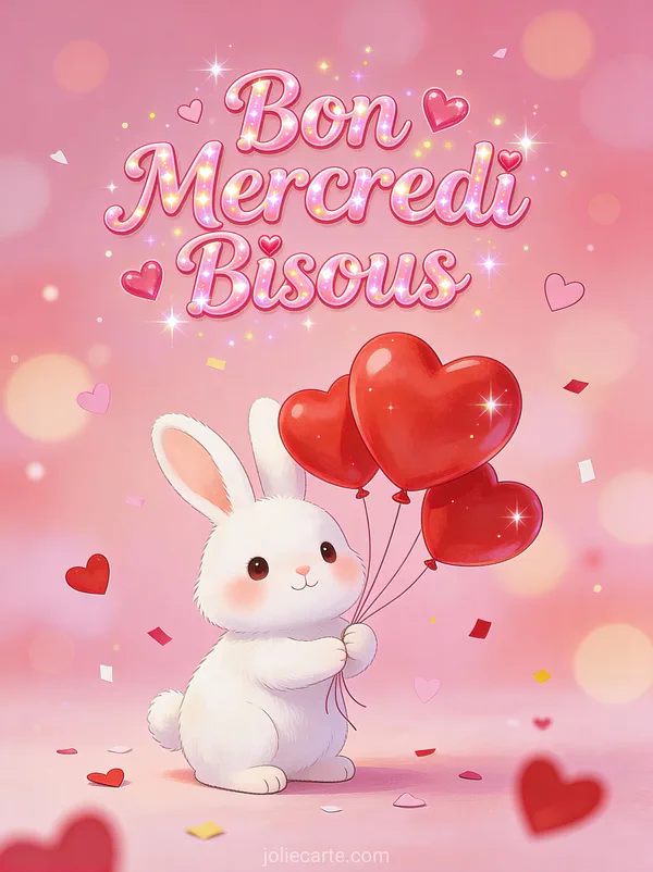 Lapin blanc mignon entouré de ballons rouges en forme de coeur ambiance romantique