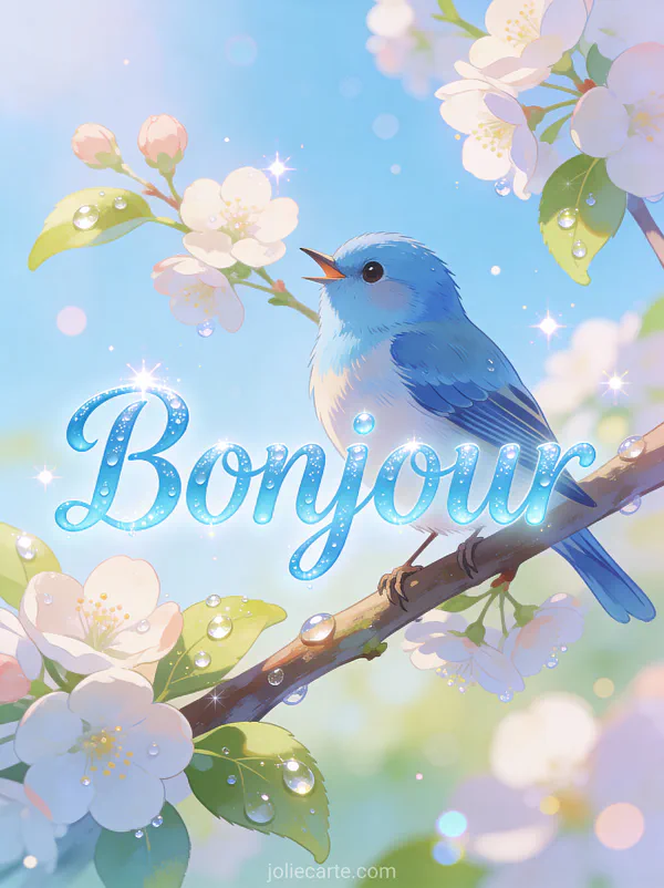 Oiseau bleu chantant sur une branche fleurie avec rosée matinale