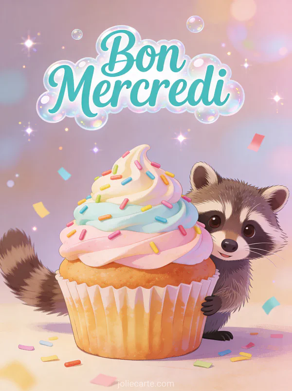 Raton laveur malicieux caché derrière un cupcake géant coloré avec confettis