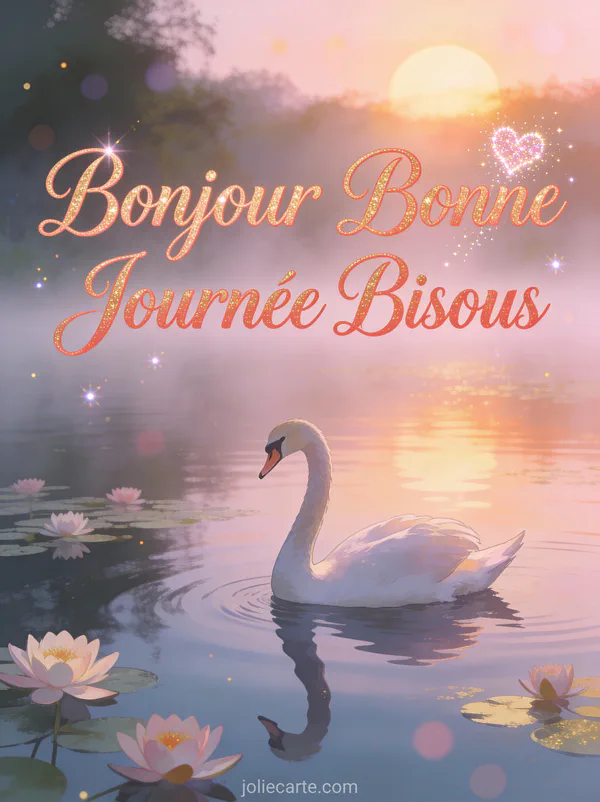 Cygne gracieux glissant sur lac au lever du soleil avec brume et nénuphars