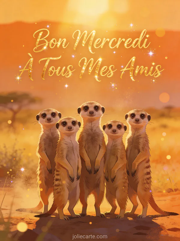 Groupe de suricates debout ensemble dans la savane africaine au coucher du soleil