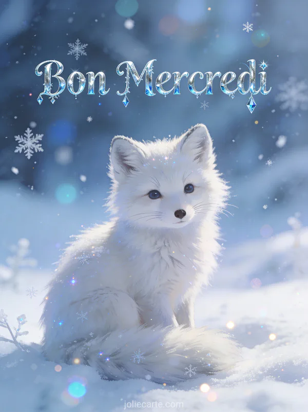 Renard arctique blanc dans paysage de neige avec flocons qui tombent