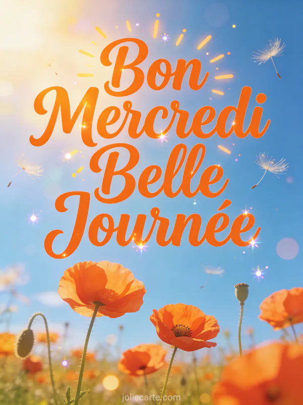 Champ de coquelicots oranges sous ciel bleu avec graines flottantes et soleil doré