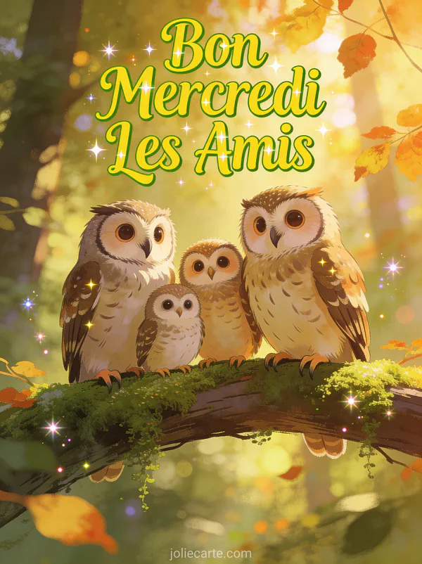 Famille de hiboux perchés sur branche moussue dans forêt avec lumière tamisée