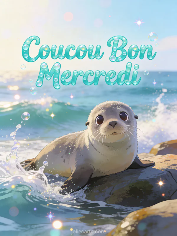 Bébé phoque mignon aux grands yeux sur rochers avec vagues et gouttelettes