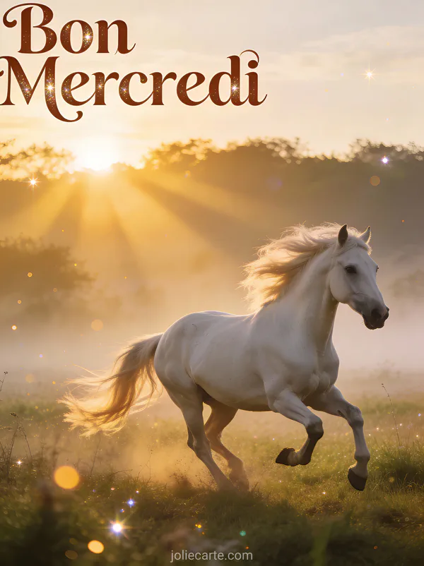 Cheval blanc magnifique galopant dans prairie brumeuse au lever du soleil