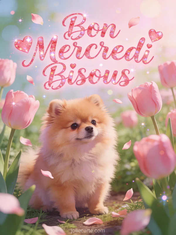 Chiot poméranien duveteux entouré de tulipes roses avec pétales flottants