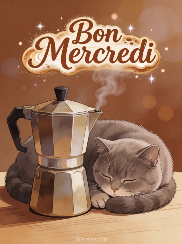 Chat british shorthair endormi à côté d'une cafetière vintage avec vapeur