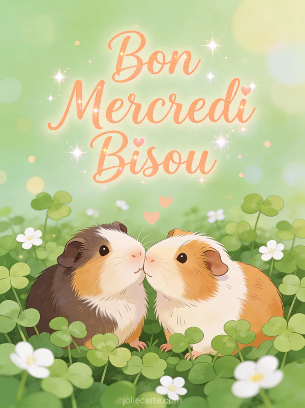 Deux cochons d'Inde adorables se câlinant dans un lit de trèfles verts