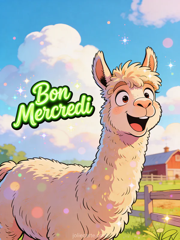 Lama duveteux faisant une grimace drôle dans une scène de ferme colorée