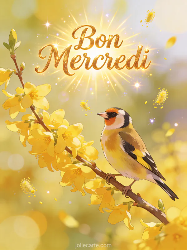 Chardonneret coloré perché sur branche de forsythia jaune au soleil printanier