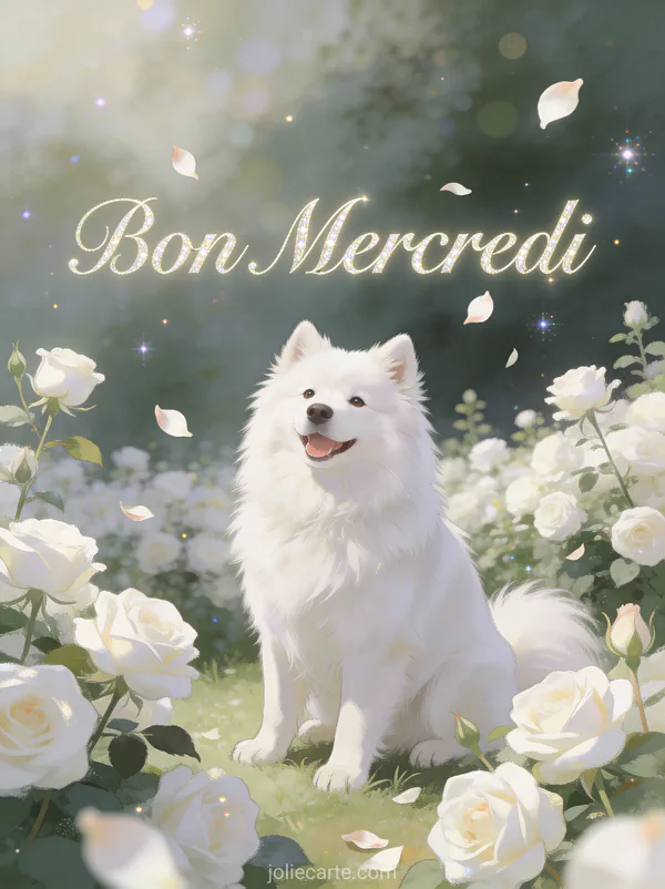 Samoyède blanc heureux dans jardin de roses blanches avec pétales flottants