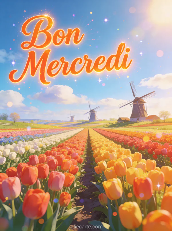 Champ de tulipes multicolores avec moulins à vent hollandais sous ciel bleu