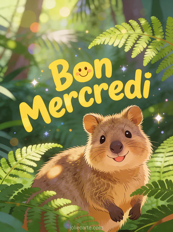 Quokka souriant adorable parmi les fougères vertes dans forêt tropicale