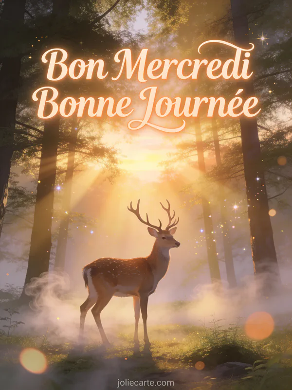 Cerf majestueux dans clairière brumeuse avec rayons de soleil dorés à l'aube