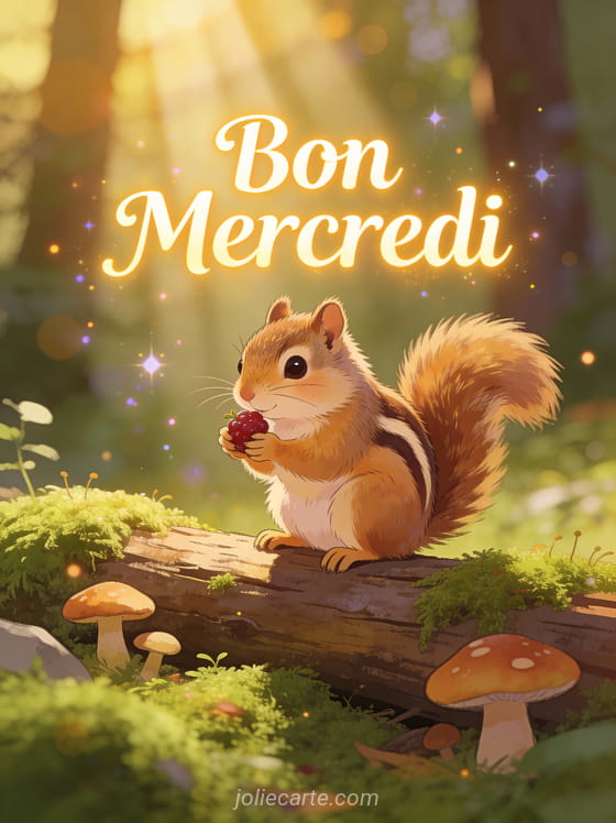 Tamia duveteux tenant une baie sur bûche moussue avec champignons forestiers