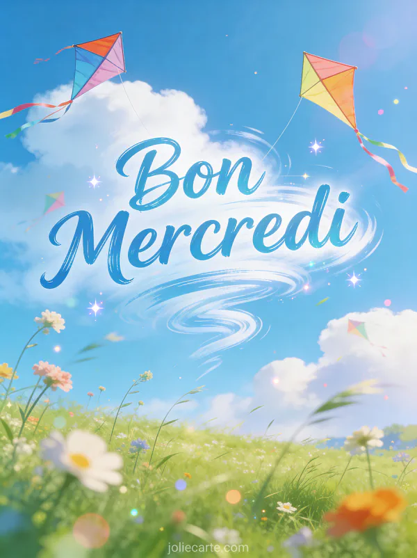 Cerfs-volants multicolores volant dans ciel bleu au-dessus de prairie avec fleurs sauvages