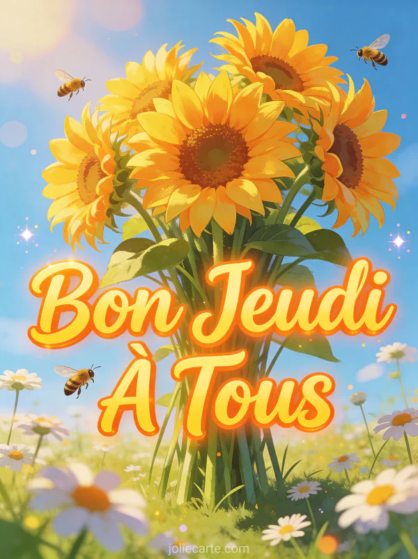 Bouquet de tournesols lumineux dans un jardin ensoleillé avec abeilles et ciel bleu