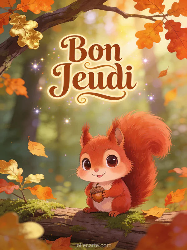 Écureuil roux adorable tenant une noisette comme un trésor sur un tronc moussu en forêt automnale