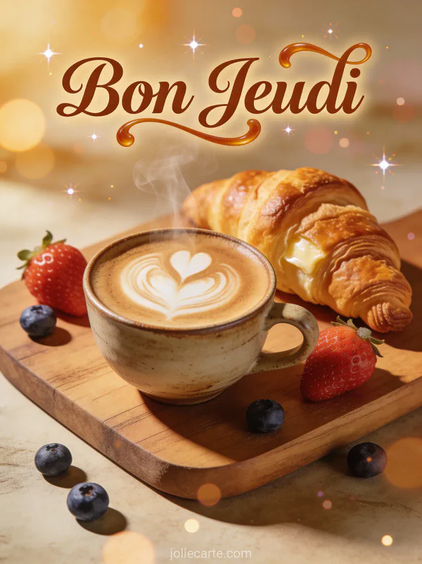 Cappuccino avec art latte en forme de cœur et croissant doré avec fruits rouges sur table en bois