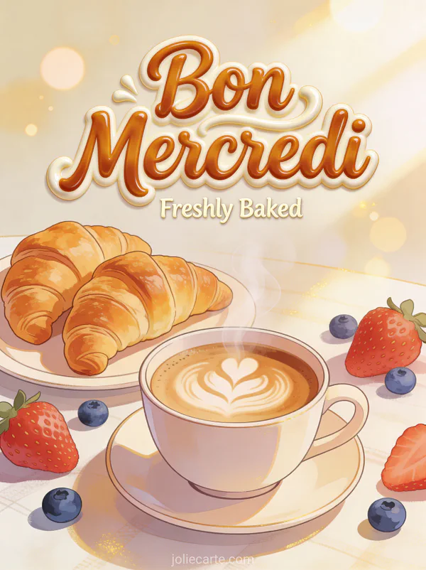Image bon mercredi avec croissants dorés, tasse de café latte art et fruits frais dans une ambiance matinale chaleureuse
