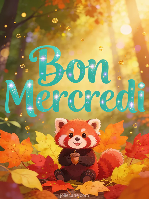 Panda roux mignon assis parmi les feuilles d'automne dorées avec une lumière magique et des particules brillantes