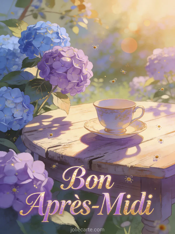 Tasse de thé vintage dans un jardin avec hortensias bleus et violets baignés de lumière d'après-midi