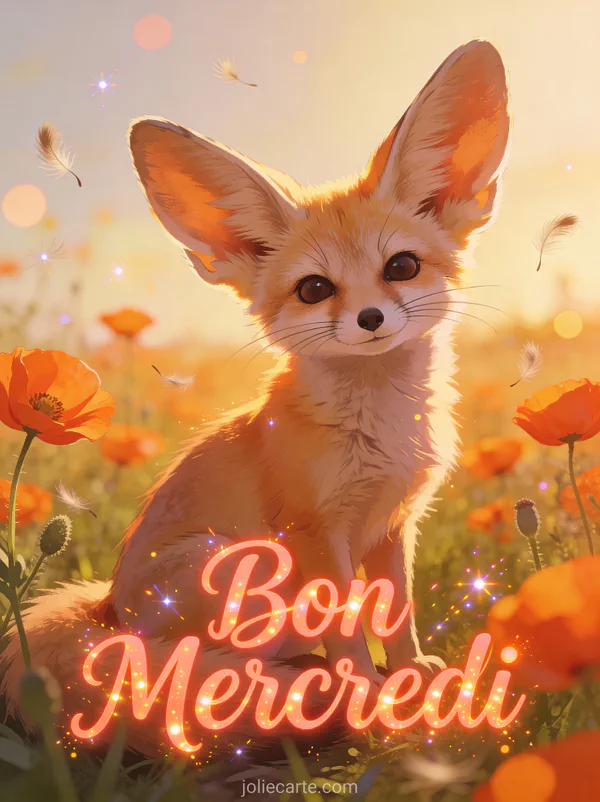 Fennec mignon aux grandes oreilles assis dans un champ de coquelicots oranges avec une lumière dorée magique