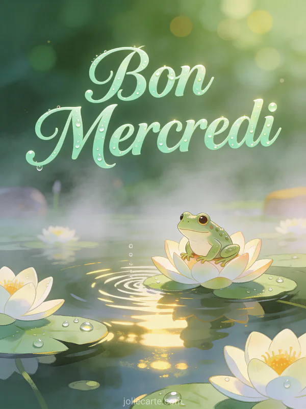 Petite grenouille verte mignonne assise sur une fleur de lotus rose dans un étang avec nénuphars et lumière douce