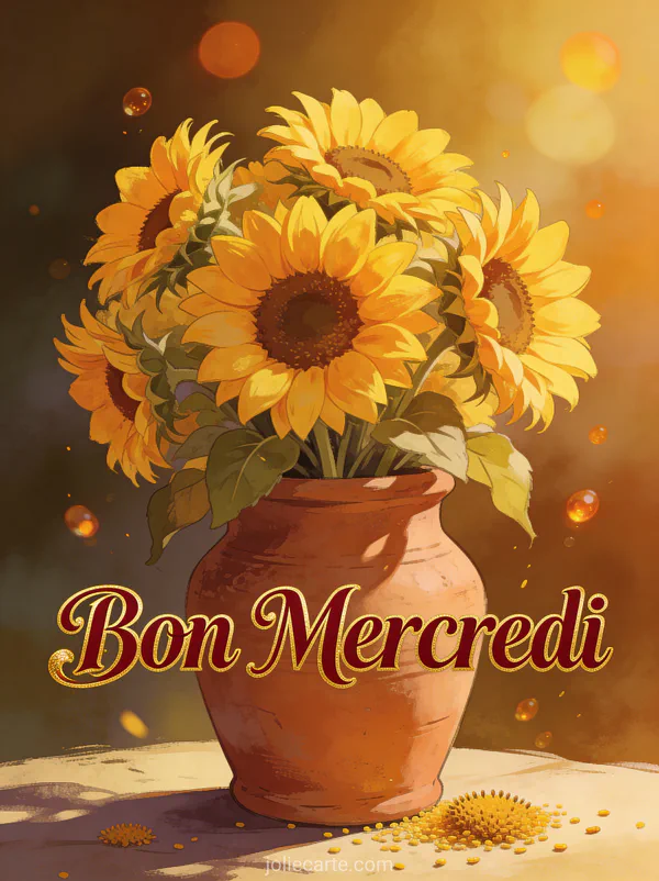 Bouquet de tournesols lumineux dans un pot en terre cuite avec une lumière d'été chaude et dorée