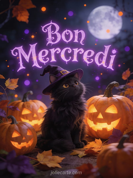 Chat noir mignon avec un petit chapeau de sorcière assis parmi des citrouilles sculptées et feuilles d'automne