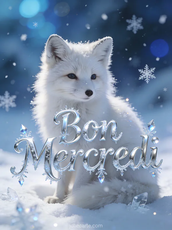 Renard arctique blanc au pelage épais assis dans la neige poudreuse avec des flocons qui tombent doucement