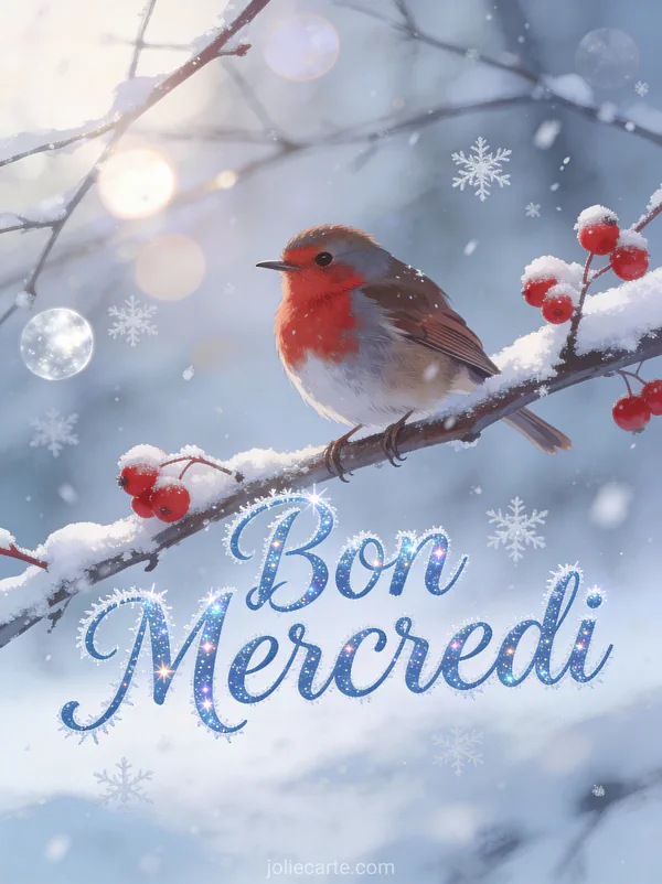 Rouge-gorge posé sur une branche couverte de neige avec des baies rouges d'hiver et une lumière douce