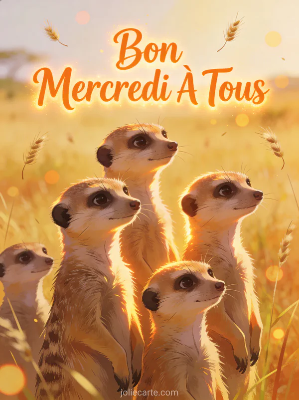 Groupe de suricates alertes debout dans l'herbe de la savane dorée sous une lumière chaude du matin