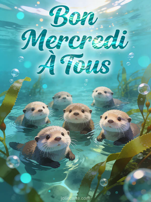 Famille de loutres de mer flottant ensemble parmi les algues dans une eau cristalline avec lumière du soleil