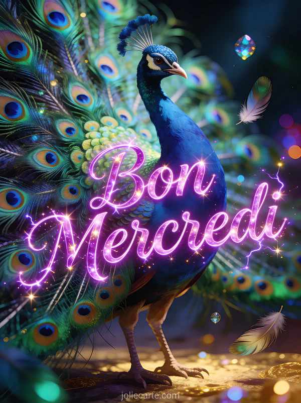 Paon majestueux avec sa queue déployée montrant ses plumes bleu, vert et or irisées sous une lumière dramatique