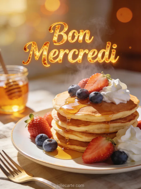 Pile de pancakes moelleux avec sirop d'érable, fruits rouges et crème fouettée dans une lumière dorée du matin